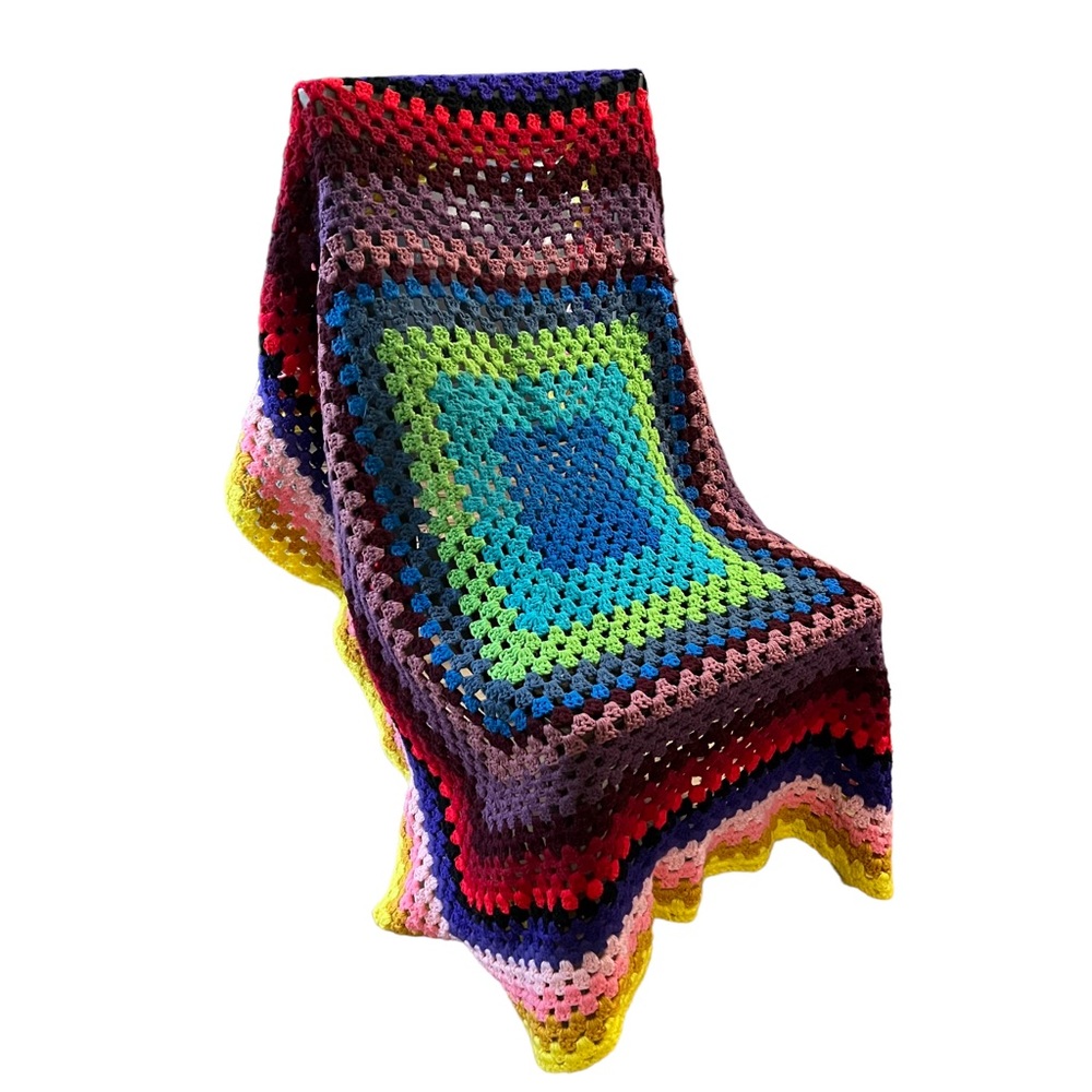 Granny Square‎ Hand Sewn Afghan Blanket Multicolor 46” x 46” Vintage